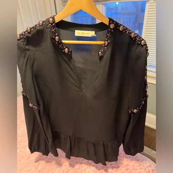 Tory Burch Black Blouse Mezair 100%Silk Tunic 
Women’s Size:8 - Picture 8 of 10